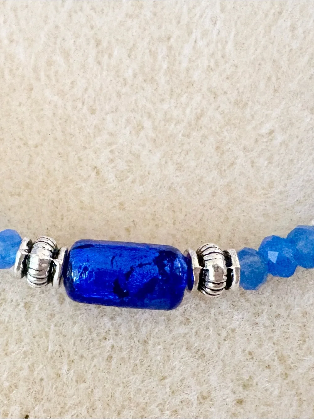 Blue Beaded Agate Bracelet with Silver Accents and Czech glass focal